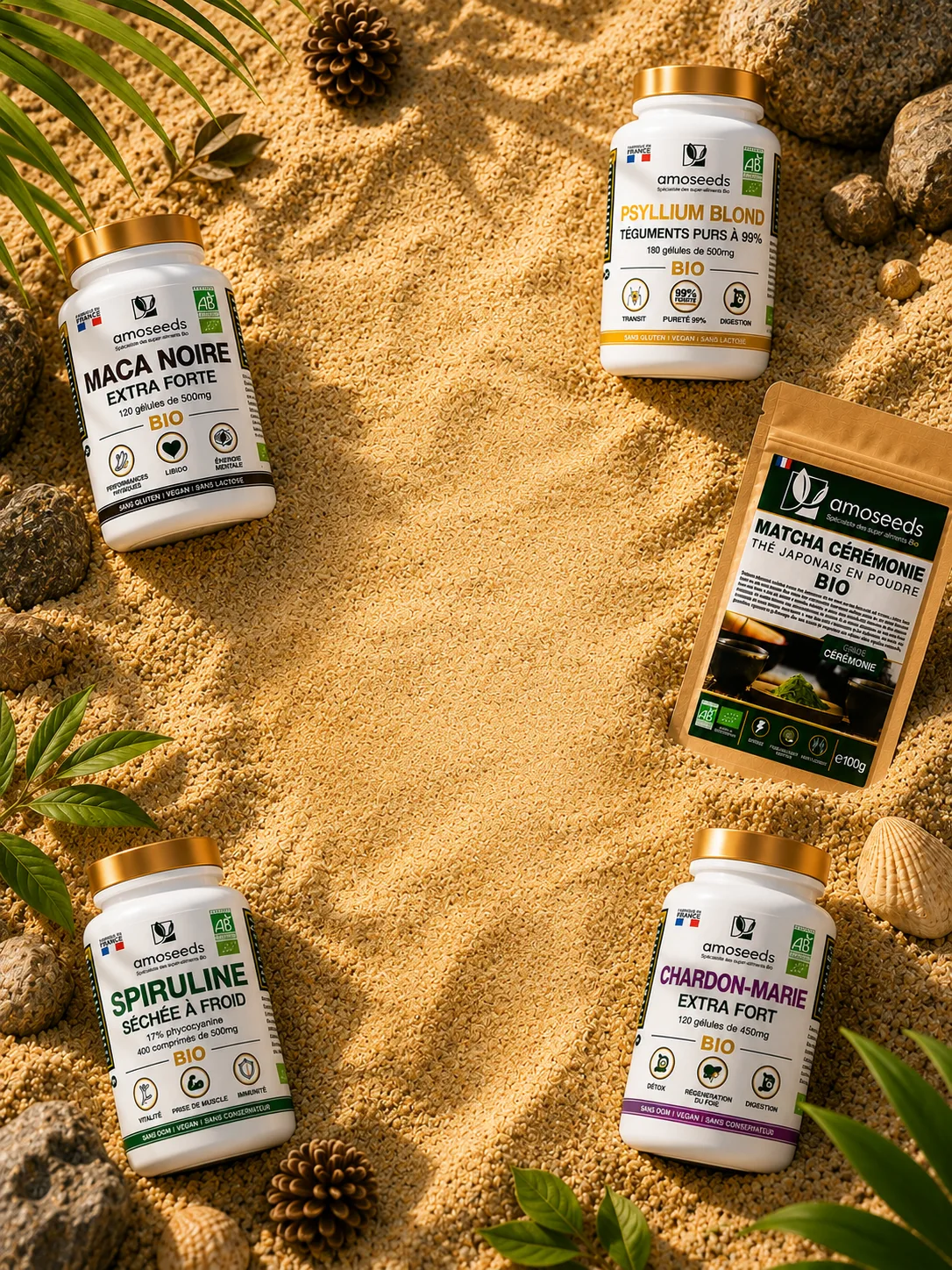 La gamme d'actifs bio amoseeds — Maca noire, Psyllium blond, Matcha cérémonie, Spiruline et Chardon-Marie